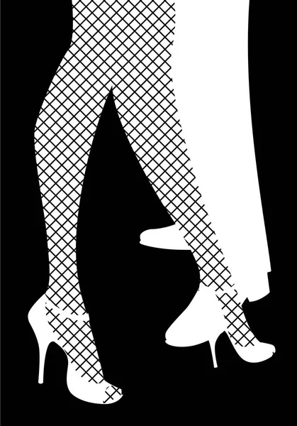Nohy žena a muž tančí tango. Nohy žena nosí síťované punčochy a vysoké podpatky. — Stockový vektor