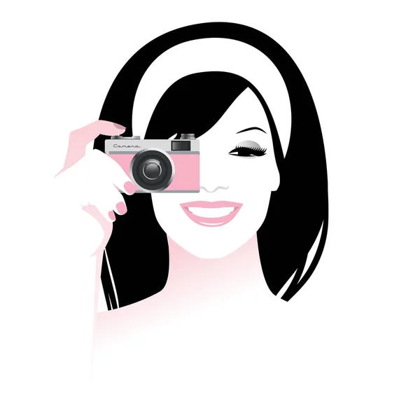 सुंदर मुस्कुराते लड़की एक रेट्रो फोटो कैमरा पकड़े हुए, विंटेज शैली — स्टॉक वेक्टर
