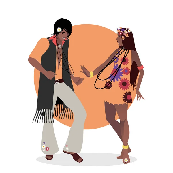 Pareja joven vestida con ropa hippie de los años 60 y 70 bailando — Vector de stock