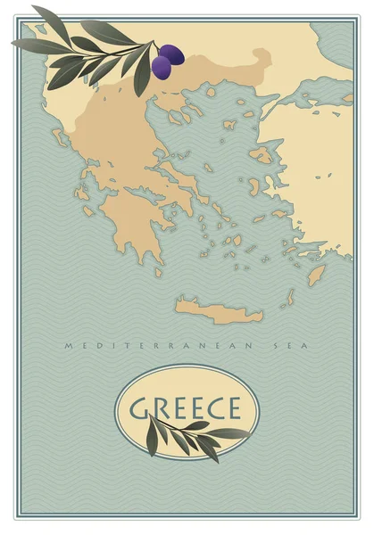 Mapa Grecji z oliwki, gałęzi i liści oliwnych. Styl retro. — Wektor stockowy