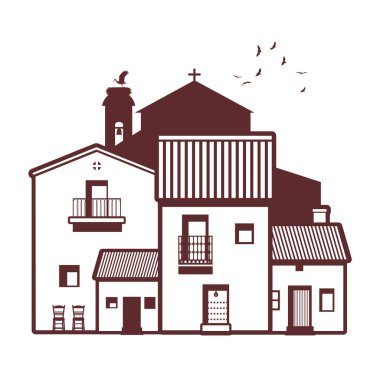 Tipik İspanyol Köyü, çan kulesi, leylek ve arka planda gökyüzü kuşlarda