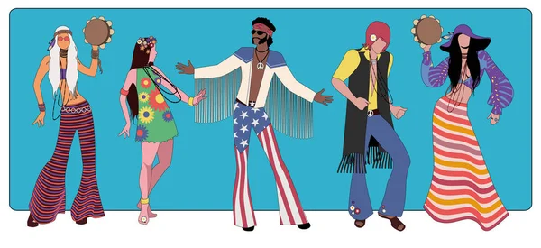 Groupe de cinq personnes portant des vêtements hippies des années 60 et 70 dansant — Image vectorielle