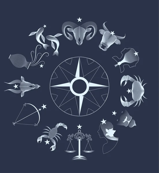 Zodiac σημάδια κύκλο πάνω από το σκοτεινό ουρανό — Διανυσματικό Αρχείο