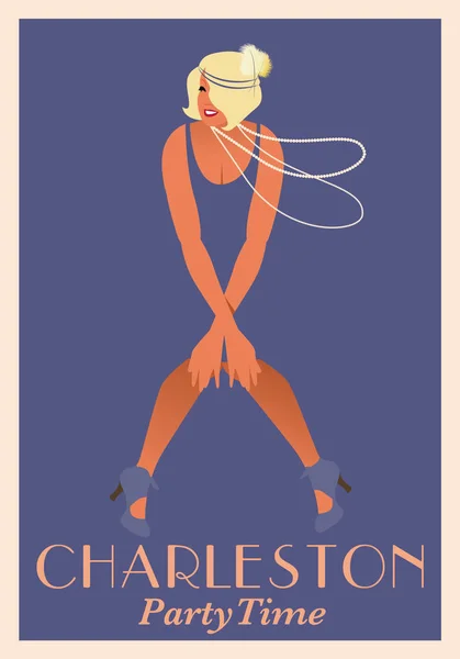 Cartaz de menina flapper vestindo colares longos dançando charleston — Vetor de Stock