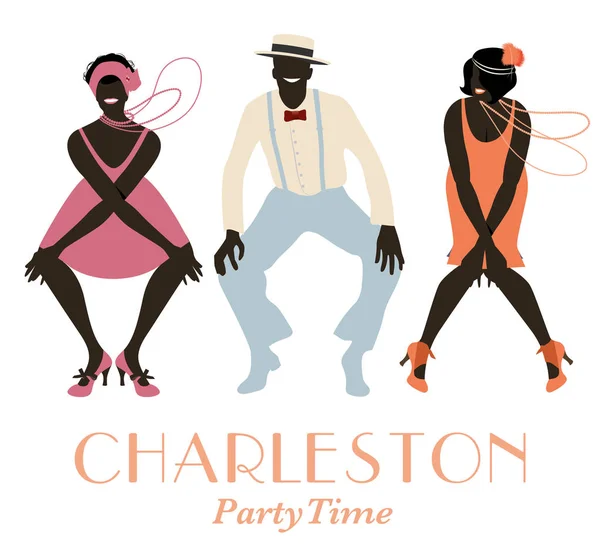 Buben dvě dívky a jeden muž tančící Charleston. Vektorové ilustrace — Stockový vektor