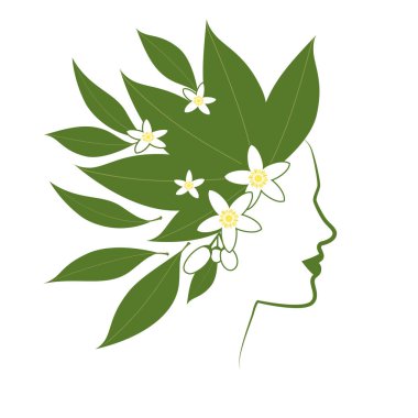 Çiçek ve portakal çiçeği yaprakları ile kadın saç olarak profil hattı