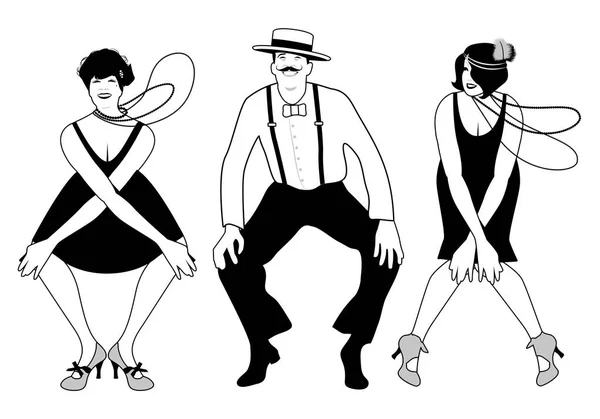 Dos flapper girls y un hombre bailando Charleston. Ilustración vectorial — Archivo Imágenes Vectoriales