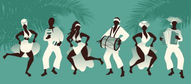 Group of men and women dancing and playing latin music on tropical background with palm trees clipart