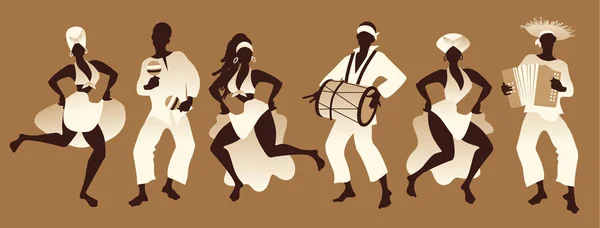 Grupo de hombres y mujeres bailando y tocando música latina o afroamericana — Archivo Imágenes Vectoriales