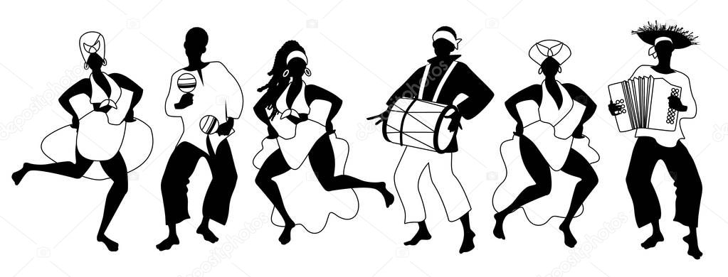 Group of men and women dancing and playing latin isolated on white background