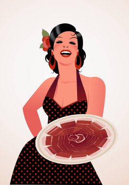 Güzel İspanyolca gösterilen İber jambon bir tabak yemek. Saçında bir benekli elbise veya önlük ve bir çiçek giyiyor.