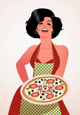Bir tabak domates, zeytin ve peynir pizza gösterilen güzel İtalyan aşçı. O kırmızı elbise ve yeşil kareli önlük giyer.