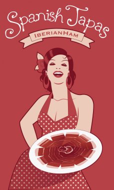 Güzel İspanyolca gösterilen İber jambon bir tabak yemek. Saçında bir benekli elbise veya önlük ve bir çiçek giyiyor.