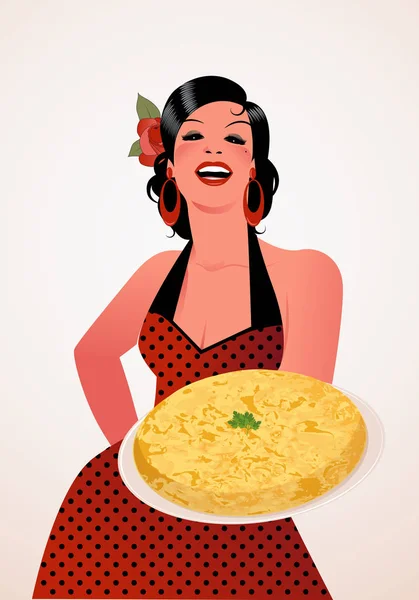 Beautiful Spanish Cook with Potato Omelette. She wears a polka-dot dress or apron and a flower in her hair. — Stock Vector