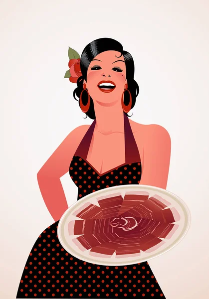 Hermoso cocinero español mostrando un plato de jamón ibérico. Lleva un vestido de lunares o delantal y una flor en el pelo. . — Vector de stock