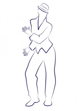 Swing veya latin müzik dans şapkalı adam. Mürekkep çizim için beyaz arka plan üzerinde.