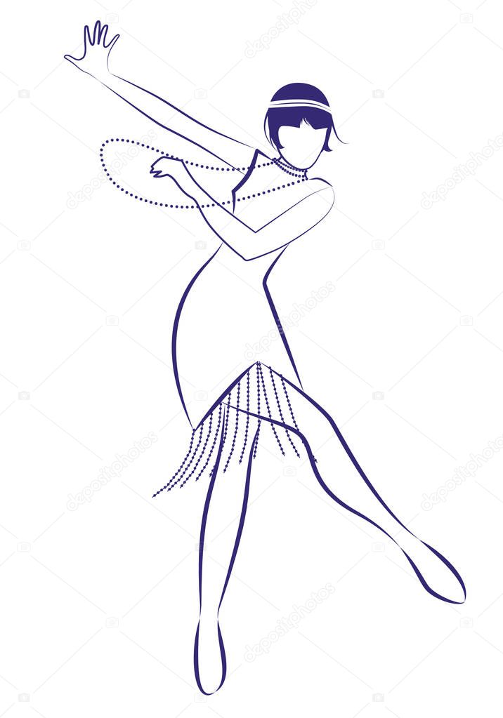 Flapper girl wearing 1920s clothes and long necklaces dancing charleston. Ink line drawing on white background.