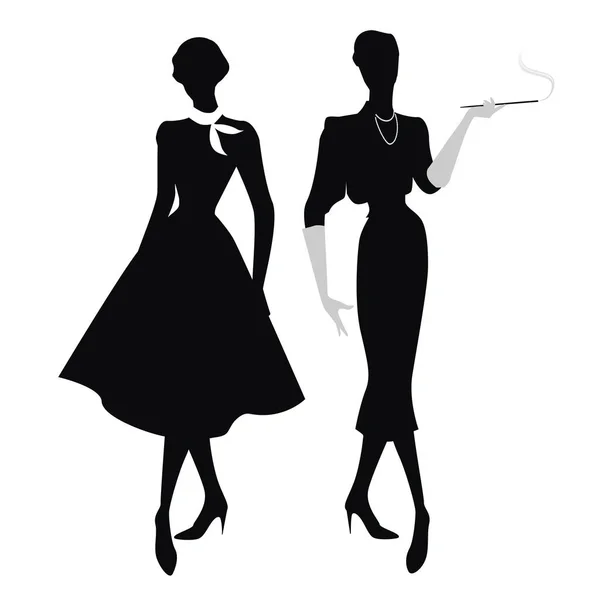Silhuetas de duas mulheres no estilo retrô dos anos 50 ou 60 isoladas em fundo branco —  Vetores de Stock