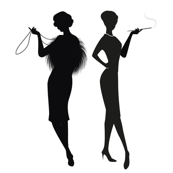 Silhouetten van twee vrouwen in de retro-stijl van de jaren 50 of 60 geïsoleerd op witte achtergrond — Stockvector