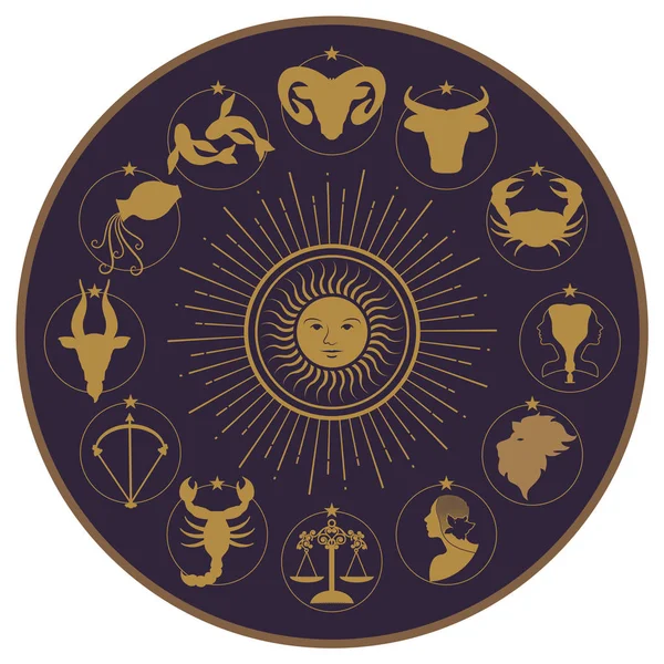 Колесо зодіаку на зоряному небі, сонці, місяці та зірках — стоковий вектор