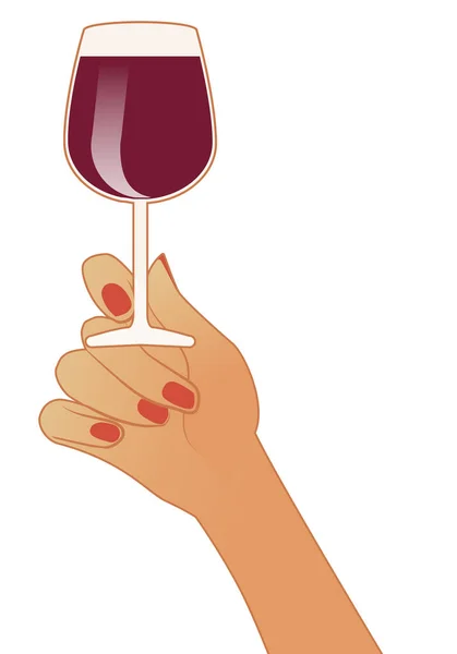 Weibliche Hand hält ein Glas Rotwein isoliert auf weißem Hintergrund — Stockvektor
