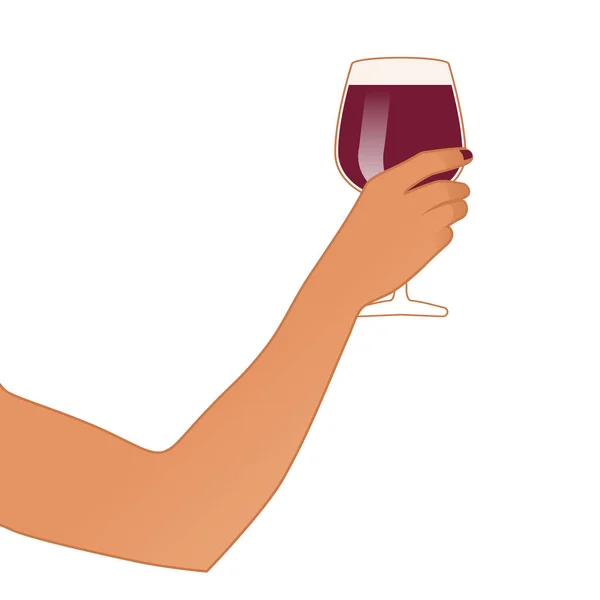 Mâna femeii ține un pahar de vin roșu izolat pe fundal alb — Vector de stoc
