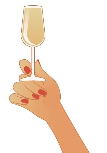 Mão feminina segurando um copo de vinho branco isolado em fundo branco — Vetor de Stock