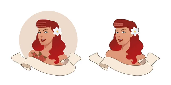 Linda ruiva e tatuado pinup menina em estilo retro, vestindo flor em seu cabelo e banner texto em branco no fundo branco . — Vetor de Stock