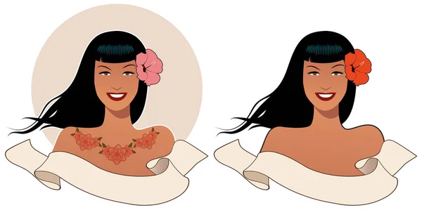 Vacker och tatuerad pinup flicka i retrostil, bär blomma i håret och tom text banner på vit bakgrund. — Stock vektor