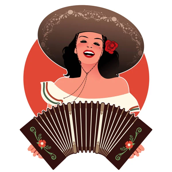 Menina latina bonita usando chapéu mexicano, cantando e tocando acordeão —  Vetores de Stock