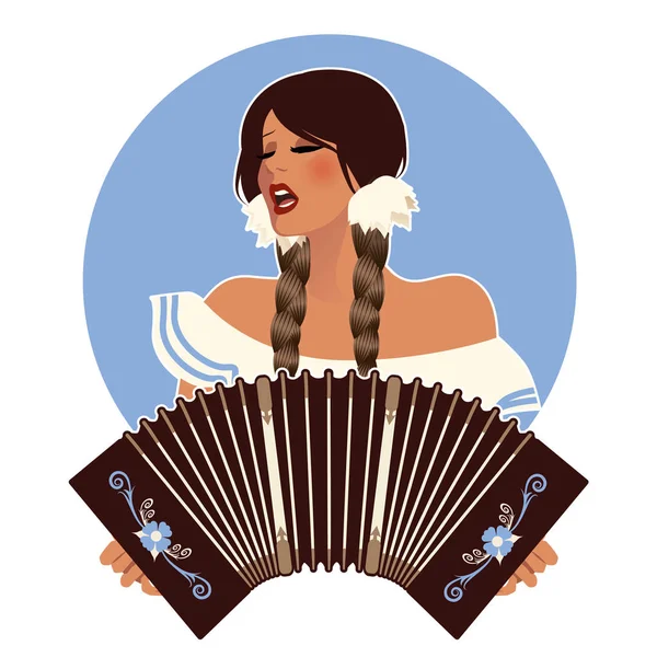 Menina latina bonita usando tranças, cantando e tocando um acordeão ou bandoneon —  Vetores de Stock