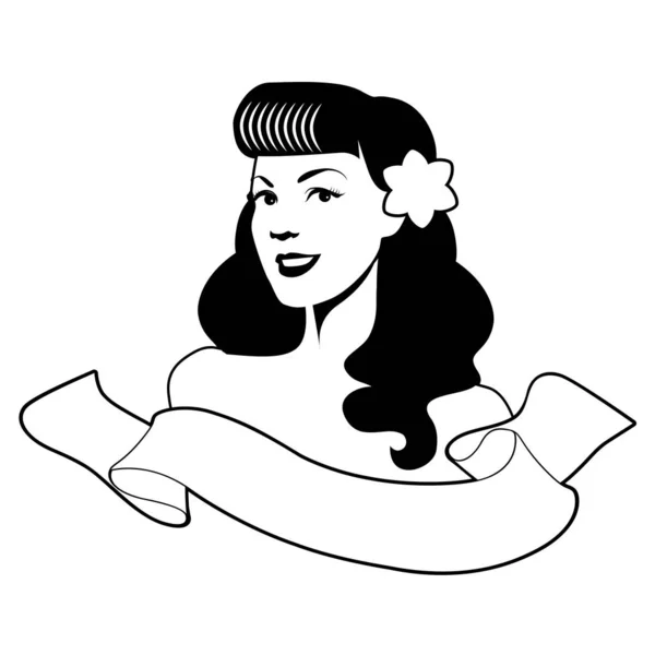 Bella ragazza pinup in stile retrò, indossa un fiore tra i capelli e banner di testo bianco su sfondo bianco . — Vettoriale Stock