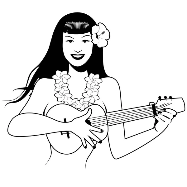 Sexy PinUp ragazza giocare ukelele. Stile retrò cartone animato isolato su sfondo bianco — Vettoriale Stock