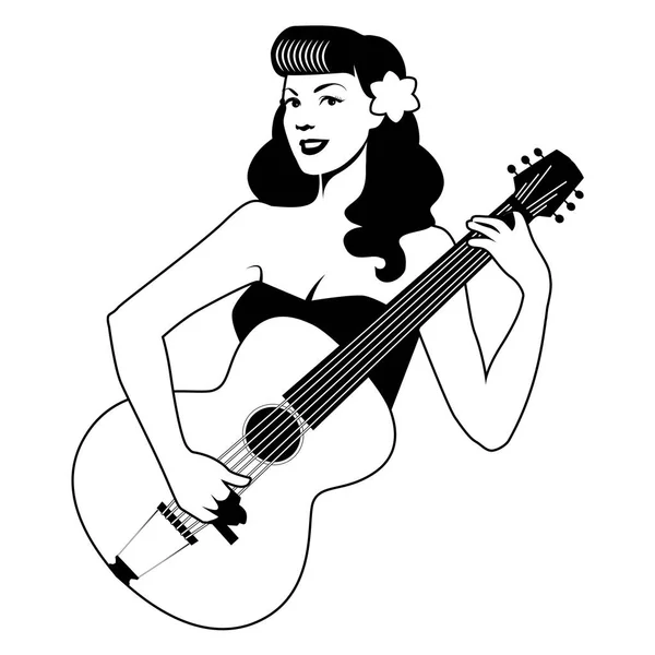 Schönes Pin-up-Mädchen, das isoliert auf weißem Hintergrund Gitarre spielt. Vektorillustration — Stockvektor