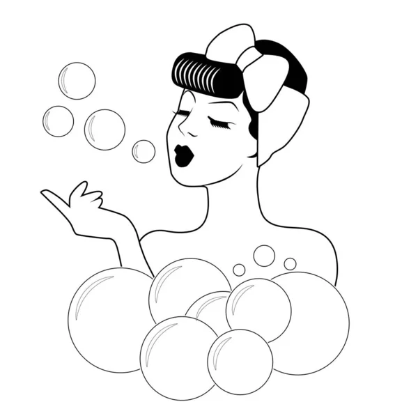 Hermosa chica tomando un baño con espuma y burbujas. Estilo de dibujos animados retro aislado sobre fondo blanco — Archivo Imágenes Vectoriales