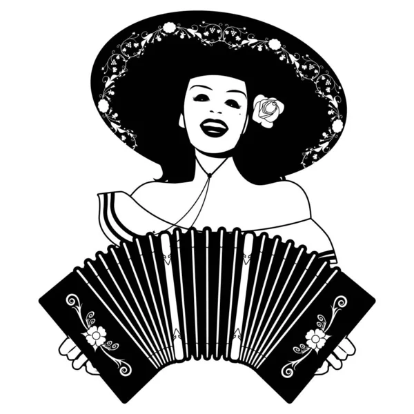 Hermosa chica latina con sombrero mexicano, cantando y tocando el acordeón — Vector de stock