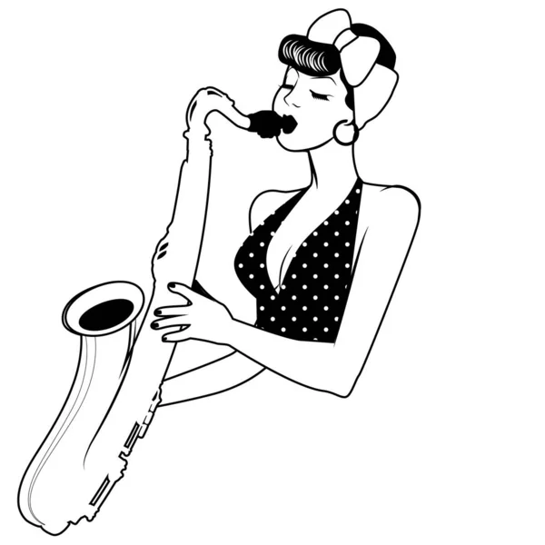 Menina pin-up bonita e tatuada jogando saxofone. Ilustração vetorial —  Vetores de Stock