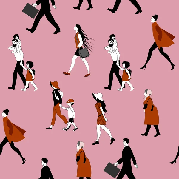 Patrón sin fisuras de la gente caminando. Familias, hombres de negocios, mujeres mayores, adolescentes y mujeres de moda — Vector de stock