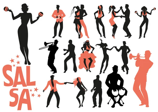 Colección de cortometrajes de baile de salsa. Conjunto de bailarines de música latina y músico aislado sobre fondo blanco . — Vector de stock