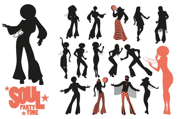 Soul dance clipart collection. Sada soulových, funkových nebo diskotékových tanečníků izolovaných na bílém pozadí. — Stockový vektor