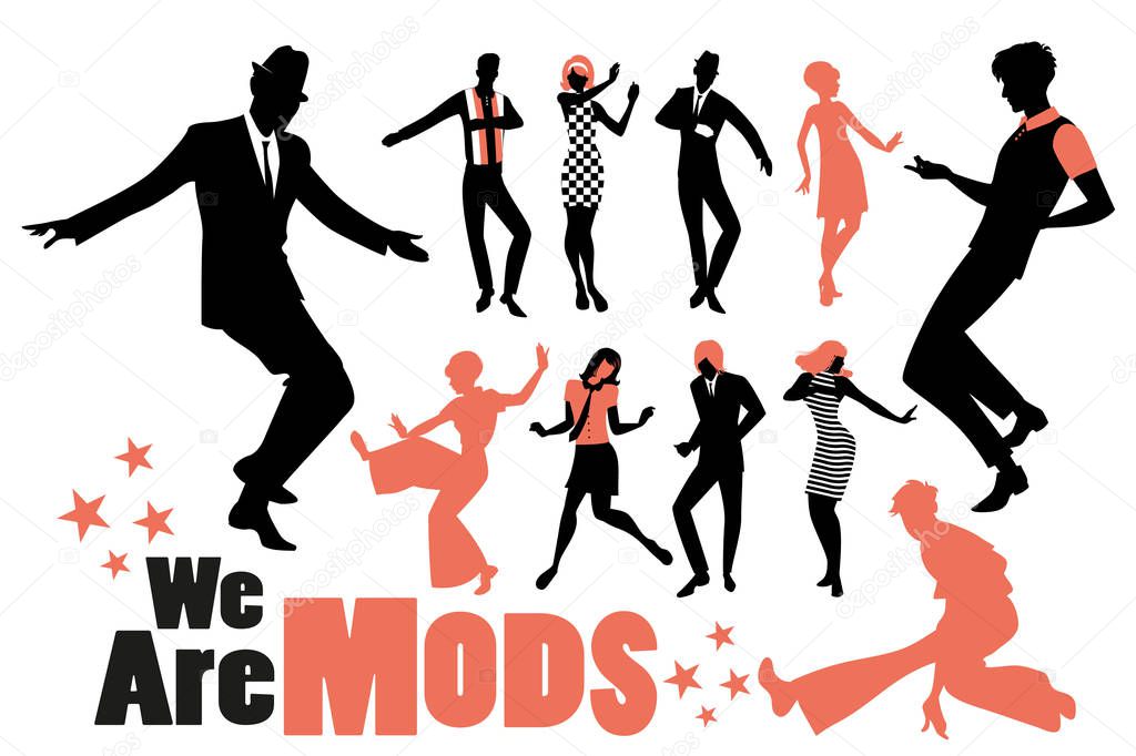 Pop and soul dance clipart collection. Set of mods and northern soul dancers isolated on white background.