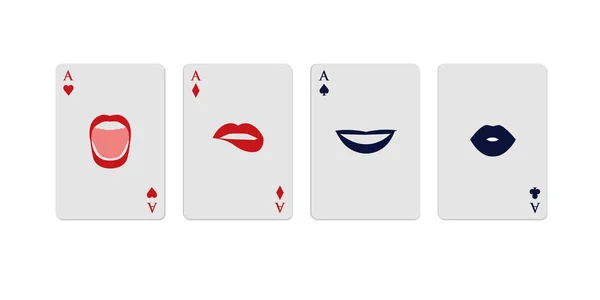 Poker asları, beyaz arka planda izole edilmiş, kadınların ağızlarındaki jestlerle temsil edilir. — Stok Vektör