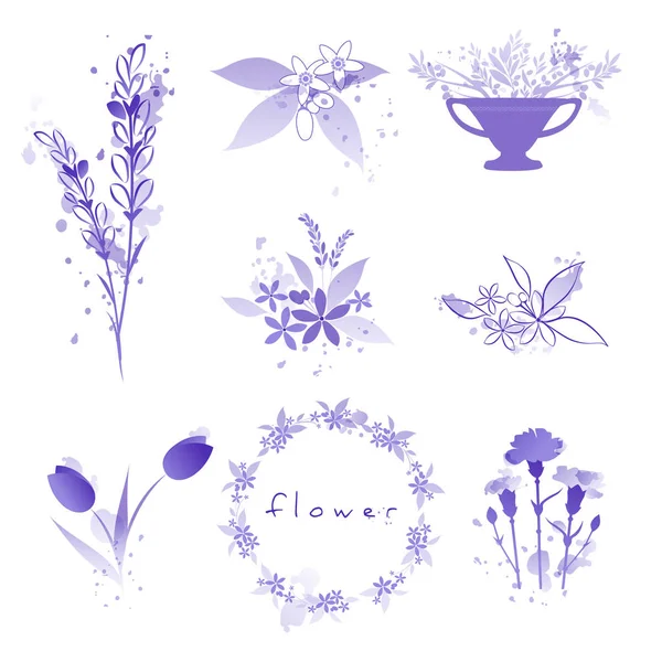 Purple flowers set with watercolor splashes isolated on white background — 스톡 벡터