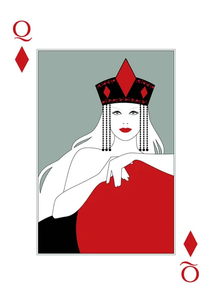 Königin der Diamanten mit einer Krone mit dem Diamanten-Symbol in der Mitte. Pokerkarte — Stockvektor