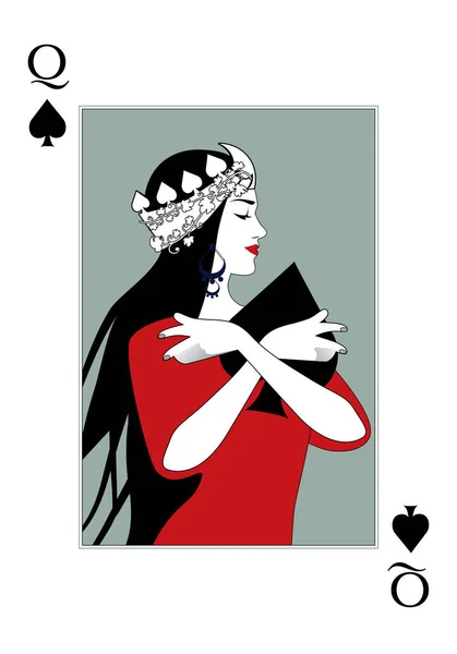 Queen of Spades wearing a crown surrounded by leaves, hugging a spade. Poker card — Stock vektor