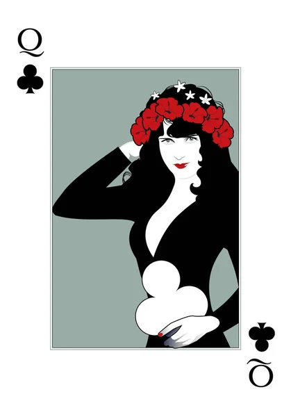 Królowa Klubów z wieńcem kwiatowym, trzymająca koniczynę. Karta pokera — Wektor stockowy