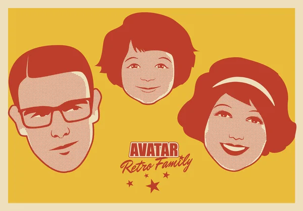 Familia Retro Avatar. Caras de dibujos animados mujer, hombre y niño estilo retro — Vector de stock