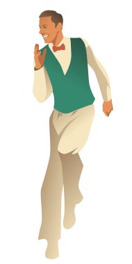 Klasik kıyafetler giyen zarif bir adam beyaz arka planda izole bir şekilde dans ediyor.