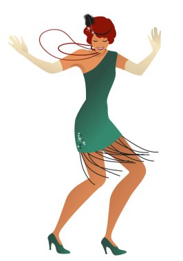 Beyaz arka planda soyutlanmış Charleston dansı yapan eski moda kıyafetler giyen komik flapper kız.