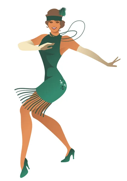 Vtipné flapper dívka na sobě vintage styl oblečení tanec Charleston izolované na bílém pozadí — Stockový vektor